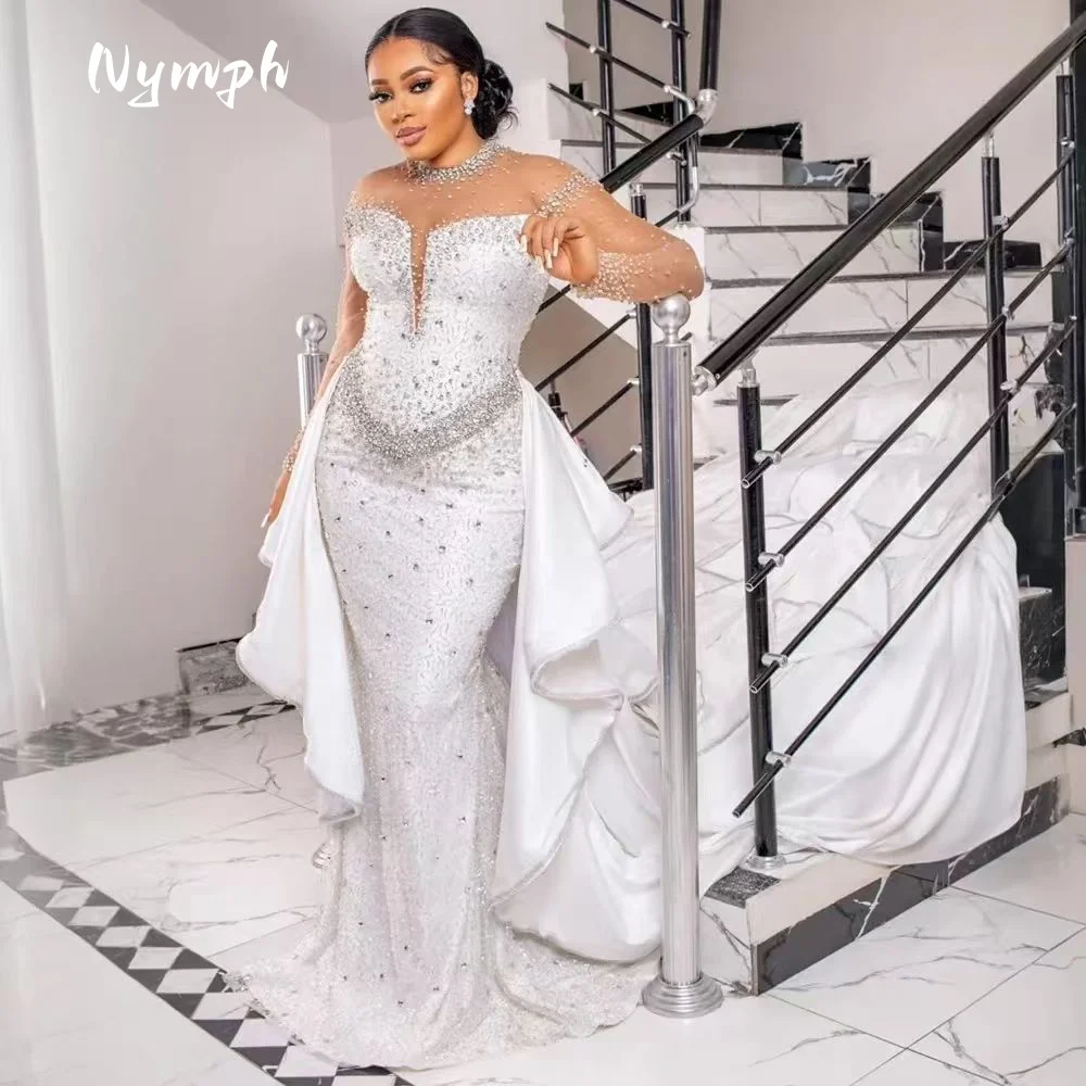 Customized High Neck Heavy Shinny Crystals Beads Wedding Dress Long Sleeve Trumpet Bridal Gown with Detachable Train