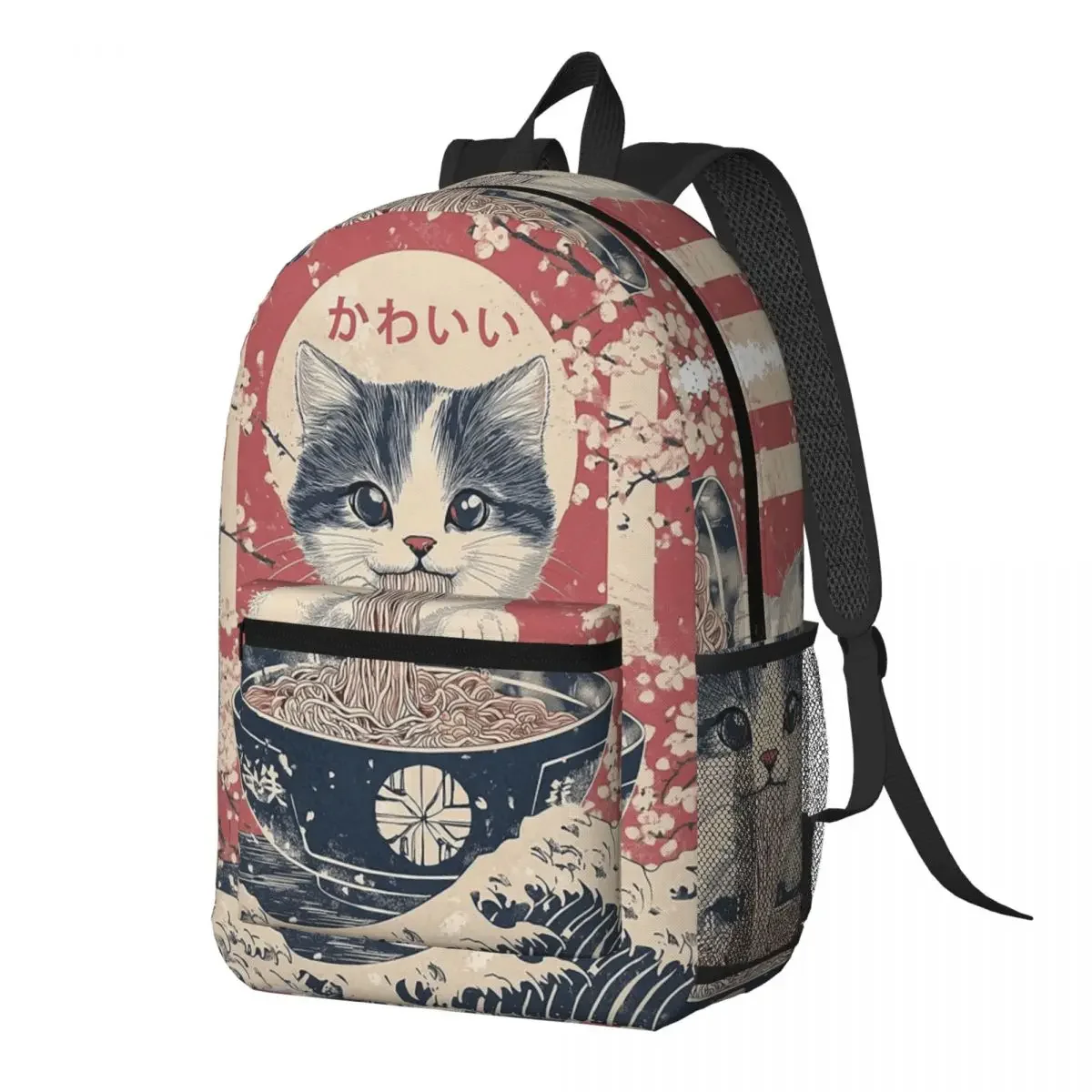 Japanese Cat Eating Ramen Backpack Daypack Large Capacity Children BookBag School Bag Shoulder Bags for Men Women