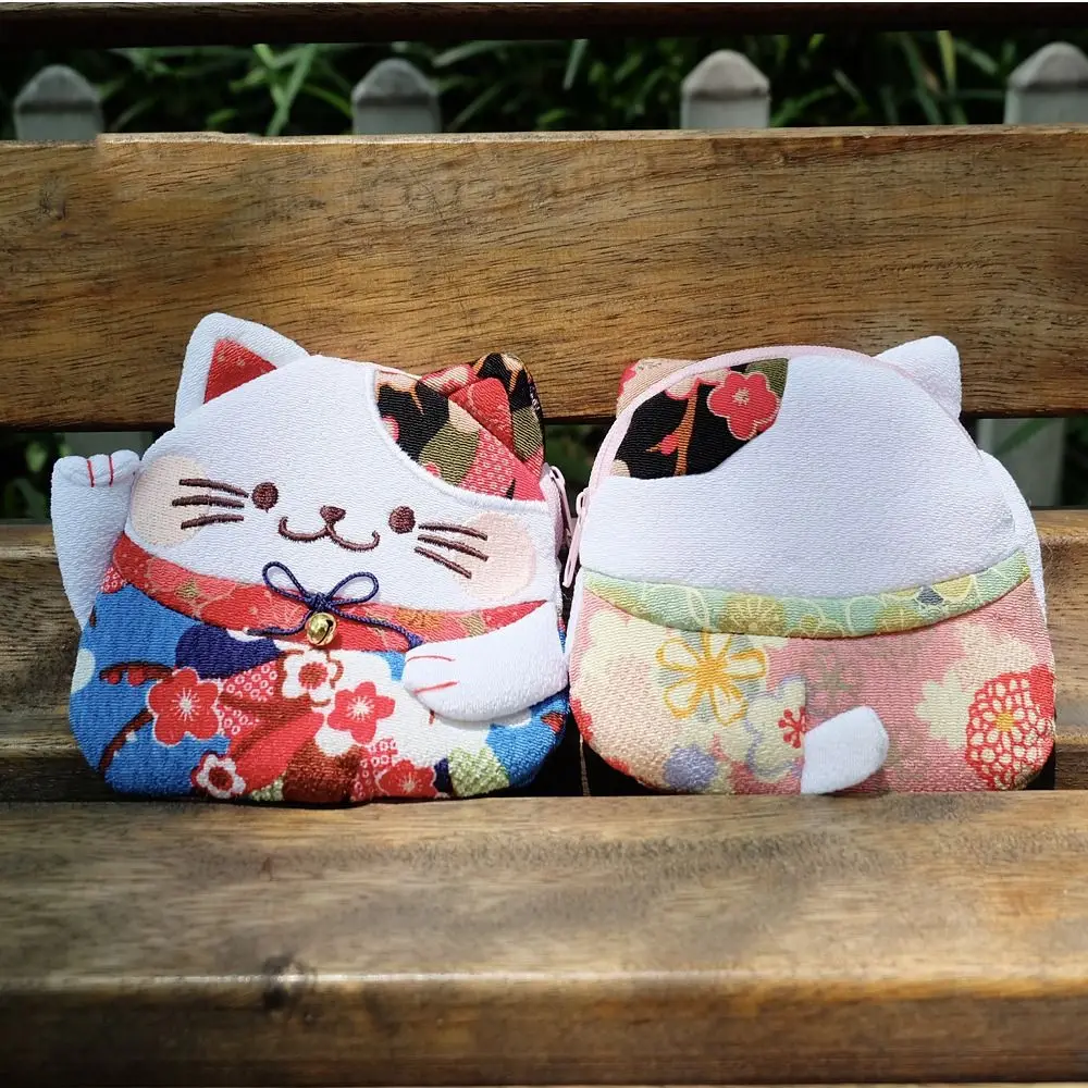 Casual Japanese Style Maneki Neko Coin Purse Zipper Wallets Lucky Cat Clutch Bag Flower Printing PU Card Holder Outdoor