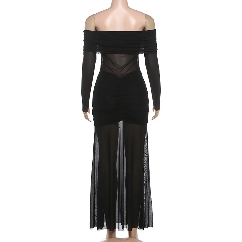 Ver através de malha retalhos ruched bodycon maxi vestido de festa feminino elegante sexy lapela fora do ombro manga cheia clubwear longo robe