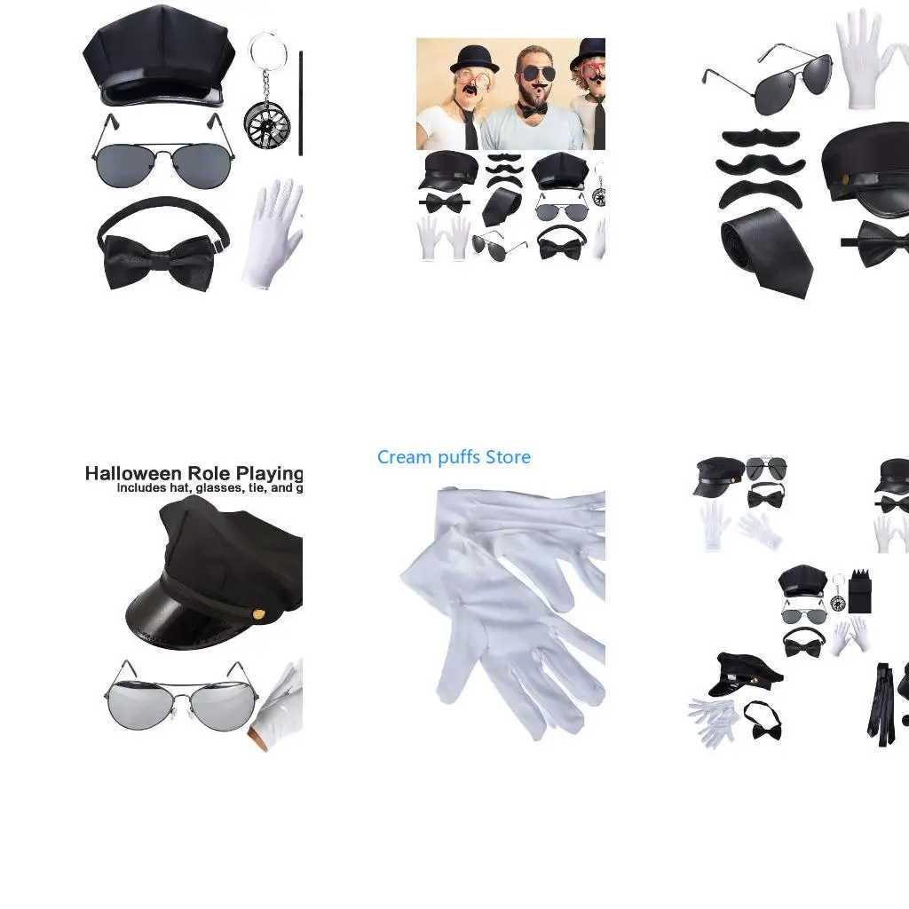 50LE Chauffeur Suit Dariver Hat with Eyeglasses and Gloves Bowtie Set for Halloween Photo Props Party Accessories