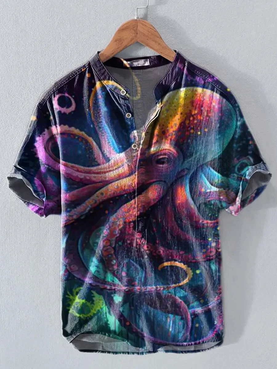 New retro watercolor electric guitar 3D printed men's short sleeved Henley shirt trendy cool casual style shirt