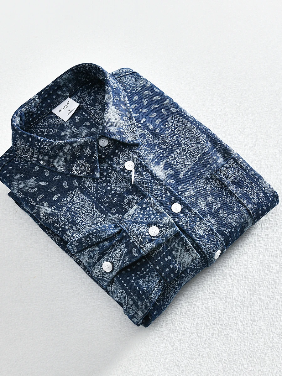 

Washed Cotton Long Sleeve Men's Shirt Jacket Loose Fit Vintage Floral Print Autumn Casual Outerwear Youth Fashion