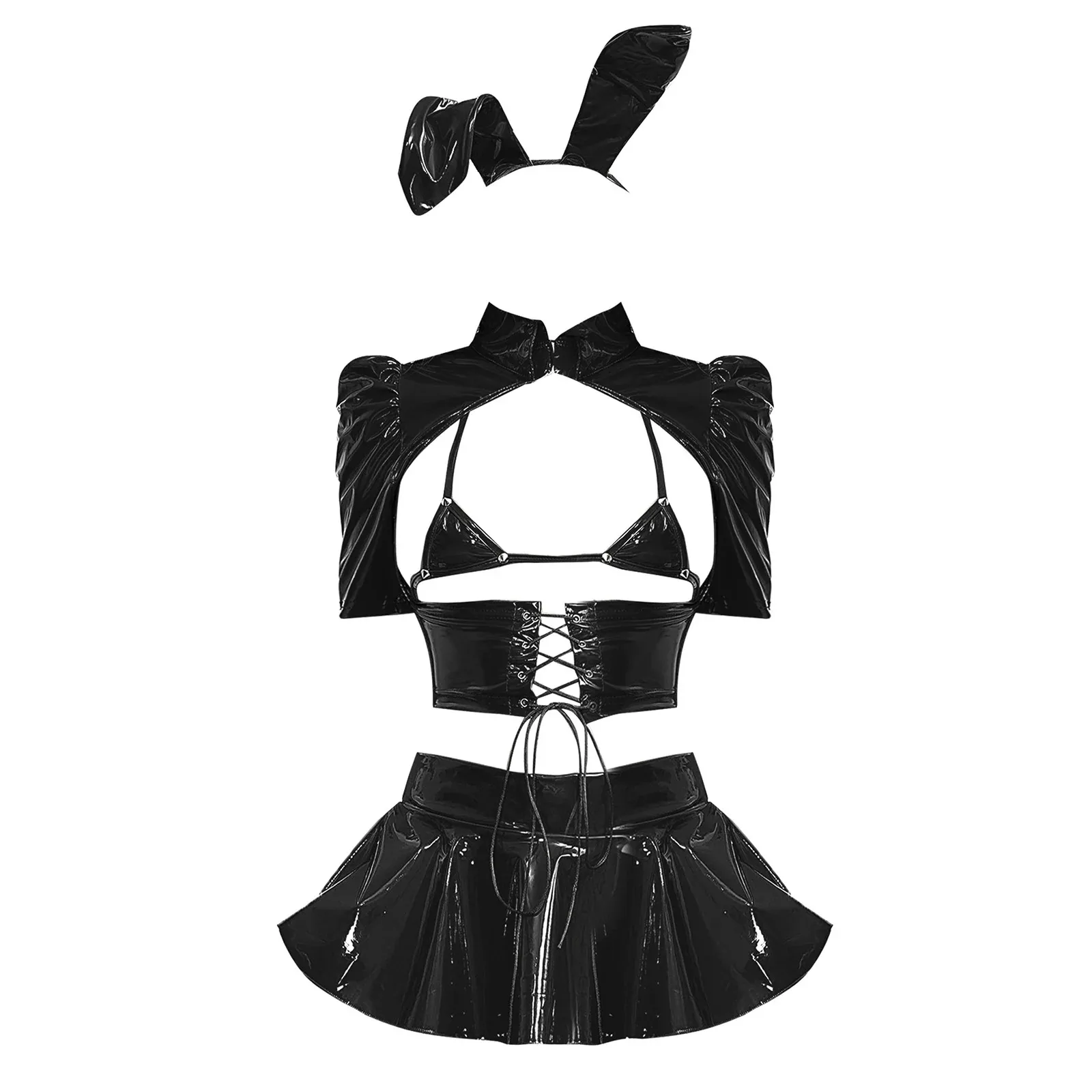 Bunny Girls Senpai Anime Cosplay Outfit Darling Maid Costume Womens Patent Leather Top Bra Ruffle Mini Skirt Bunny Ear Headband