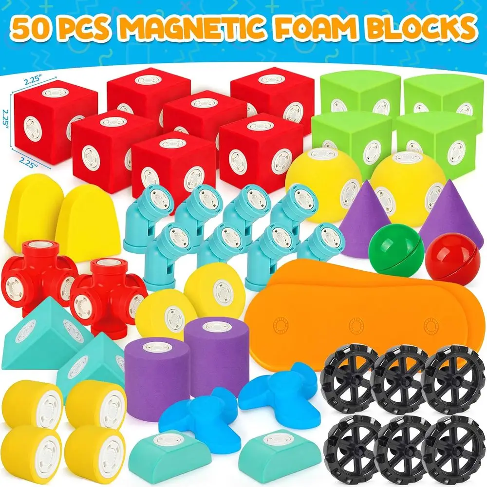 50-Piece Large Magnetic Foam Blocks for Toddlers 3+, Kids' Bath & STEM Toys, Ideal Birthday Gift for Boys & Girls Ages 3-6