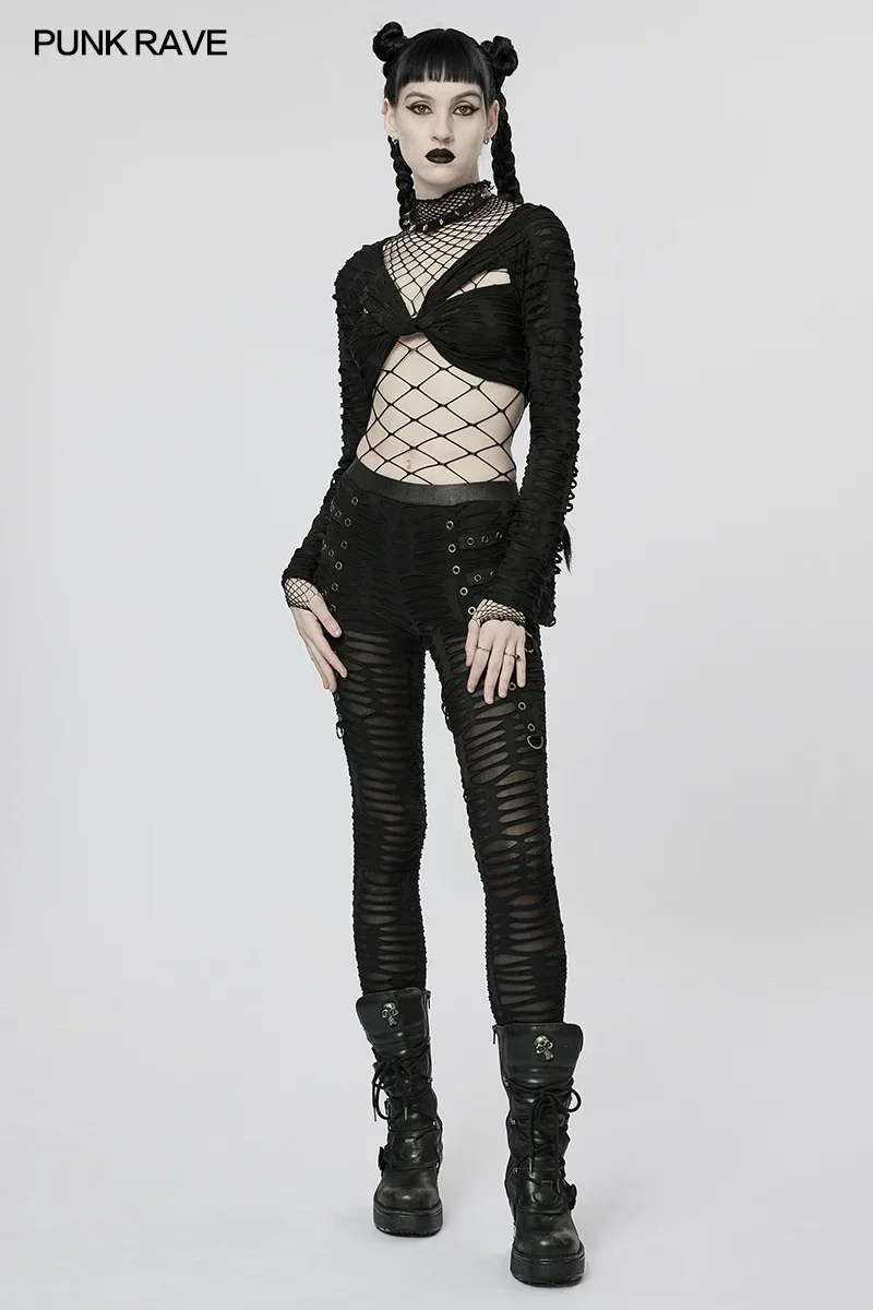 PUNK RAVE Women\'s Gothic Decayed Slim-fit Leggings Punk Meta Eyelets Webbing Personality Thin Black Pants Spring/summer