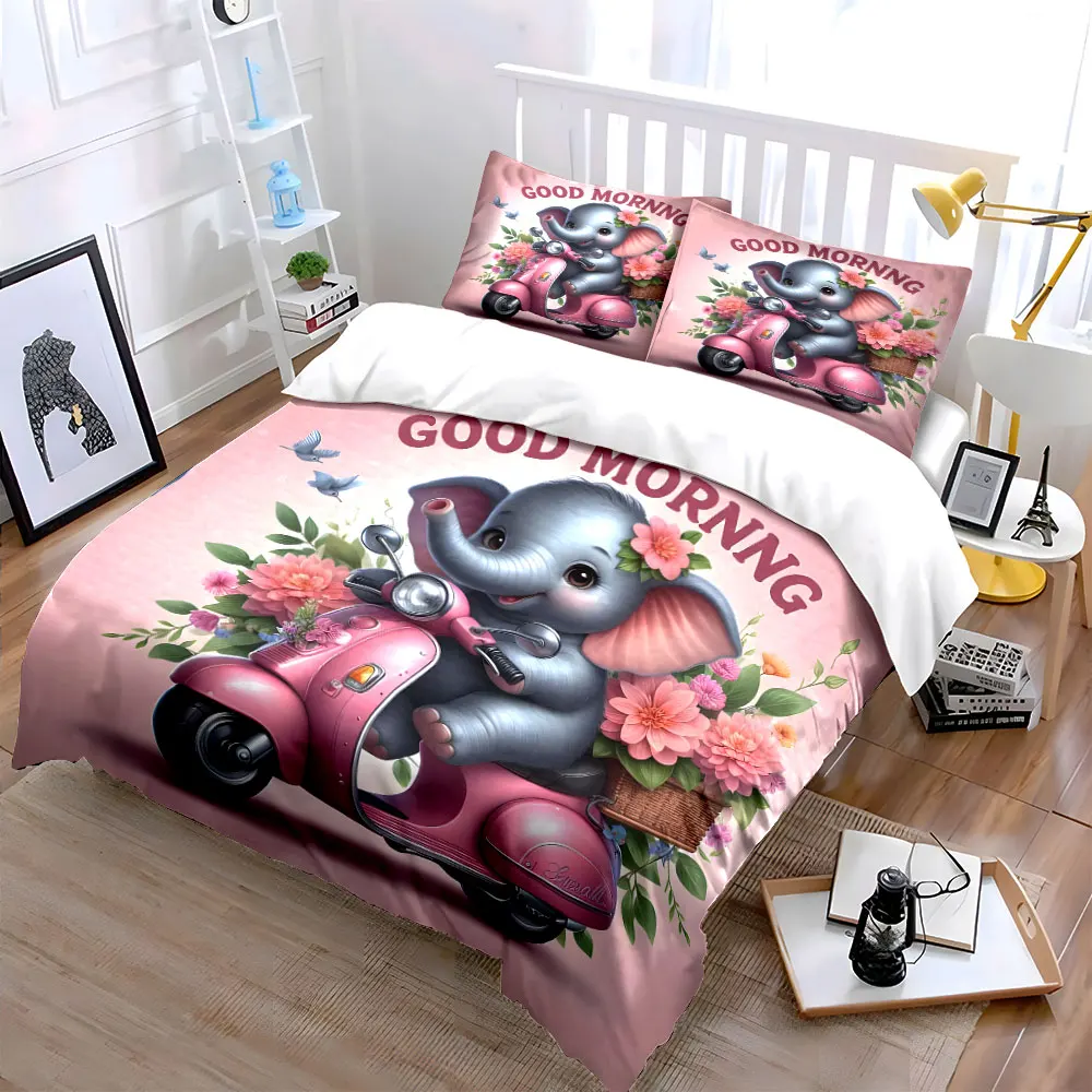 Cute elephant on pink scooter Print Bedding Set 1 Duvet Cover 2 Pillowcases for Adult and Children Luxury Gift Full Size