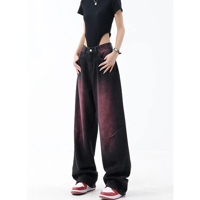 

Vintage Gradient High Waist High Street Style Black Straight Jeans Pants Korean Fashion Women Wide Leg Baggy Y2K Denim Trouser