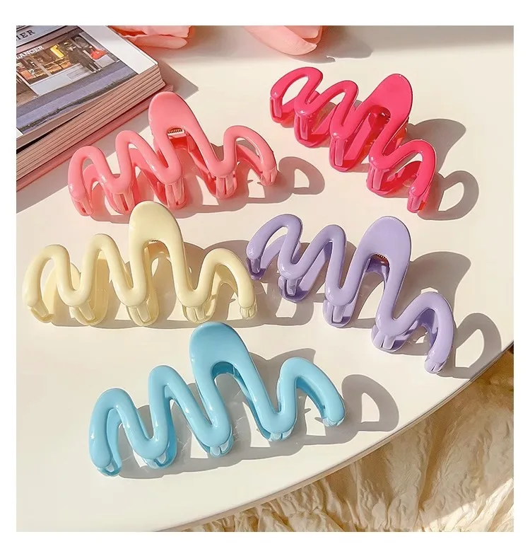 Candy Color Wavy Wave Acrylic Hair Claw Clips, Large Non Slip Glossy Banana Jaw Clips, Aesthetic Macaron Solid Color Hair Catch Barrette for Thick Long Hair Women Daily Styling