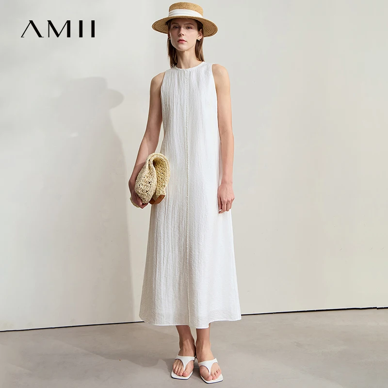 

AMII Minimalist Dresses 2025 Summer Vocation Sleeveless Elegant Breathable Office Lady Luxury O-Neck Women Long Dress 12542086