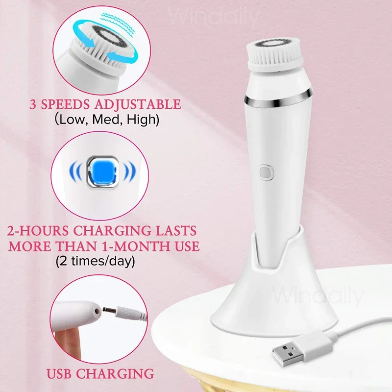 4 in 1 Electric Facial Cleansing Brush Rechargeable Waterproof Spin Sonic Exfoliator Face Scrubber Cleanser Skin Care Machine