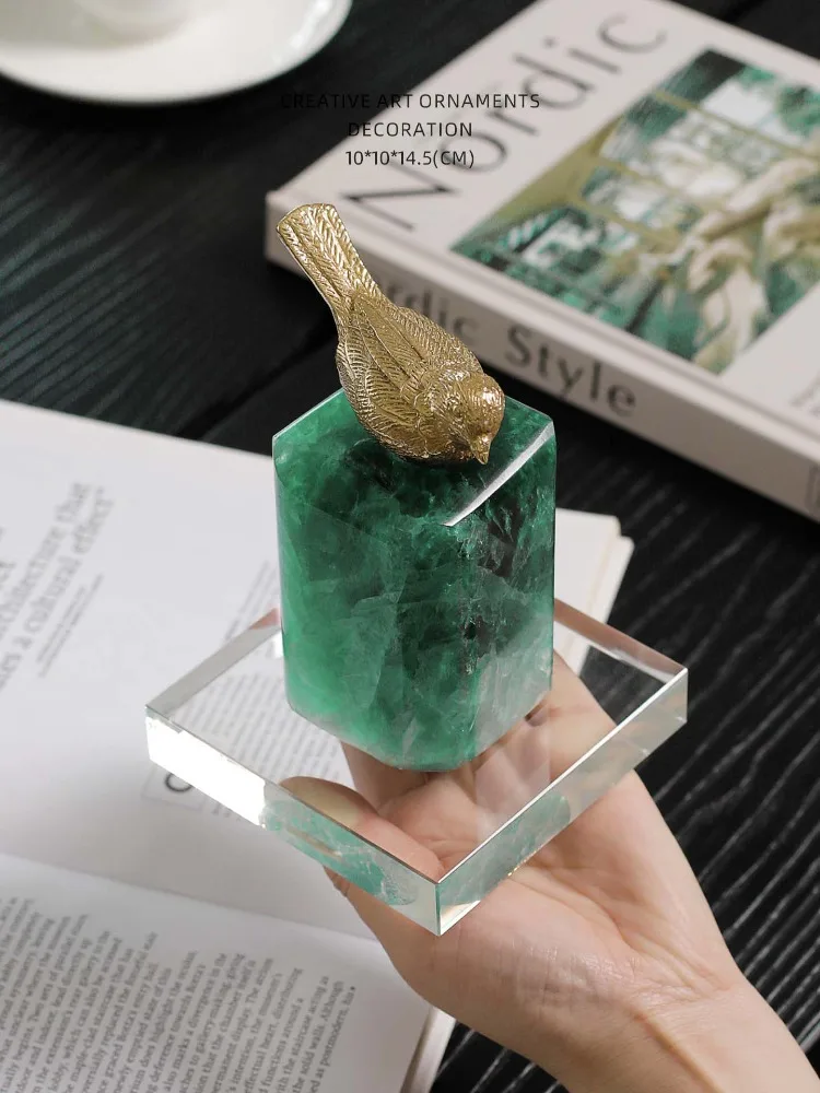 Modern Minimalist Luxury Natural Green Fluorite Genuine Brass Canary Gold Tone Meaningful Desk Weight Bookend Art Deco Ornaments
