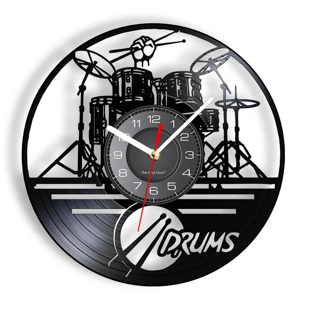 Jazz Drum Instrument Design Vinyl Record Wall Clock Retro Rock Music Drum Set Instrument Watch Wall Clock Home Decoration Gift