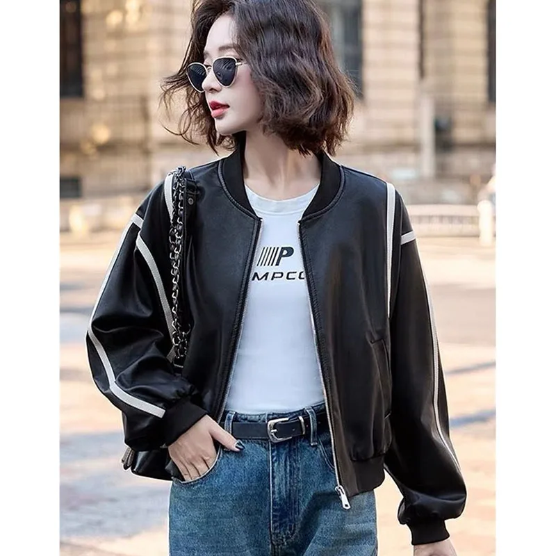 2025 Ladies Color Blocking Baseball Jacket Autumn Female Leisure PU Leather Coat Retro Women Fashion Loose Faux Leather Outwear