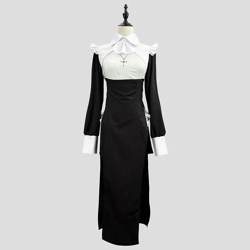 Disfraz de monja para mujer, pañuelo, collar cruzado, vestido de enfermera Sexy, sirvienta de Halloween, bata negra ajustada de talla grande, disfraces religiosos
