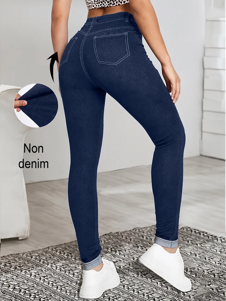 Bedruckte Leggings für Damen, kein Denim-Stoff, Hosen mit aufgesetzter Tasche und Knopfdruck-Design, hochelastisch, modisch, schmal geschnitten, lässig. – Detail 2