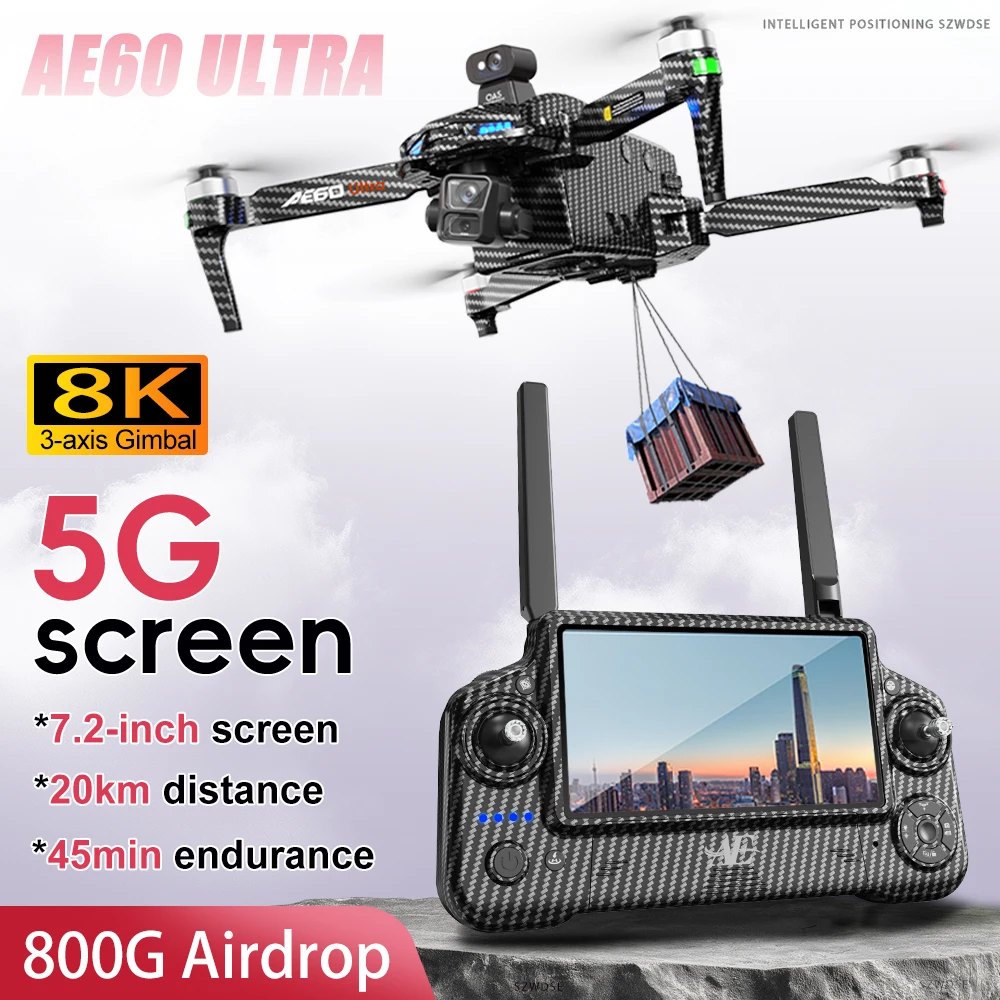 AE60 GPS Drone 8K Professional Dual Camera 3-Axis Gimbal Brushless Obstacle Avoidance Large Screen 5G 20KM 800G Airdrop FPV Dron