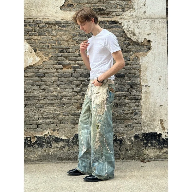 

Wide Leg Denim Jeans 3D Printed Lace Pearl Chain Straight Loose Women's Pants High Waist mid Stretch Other Fabrics Sister Sle