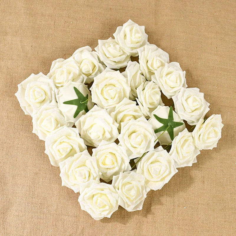 10/20Pcs Glitter Künstliche Schaum Rose Mit Blättern Rosa Weiße Blume Für Hochzeit Party Dekoration Home Decor Garten gefälschte Blume