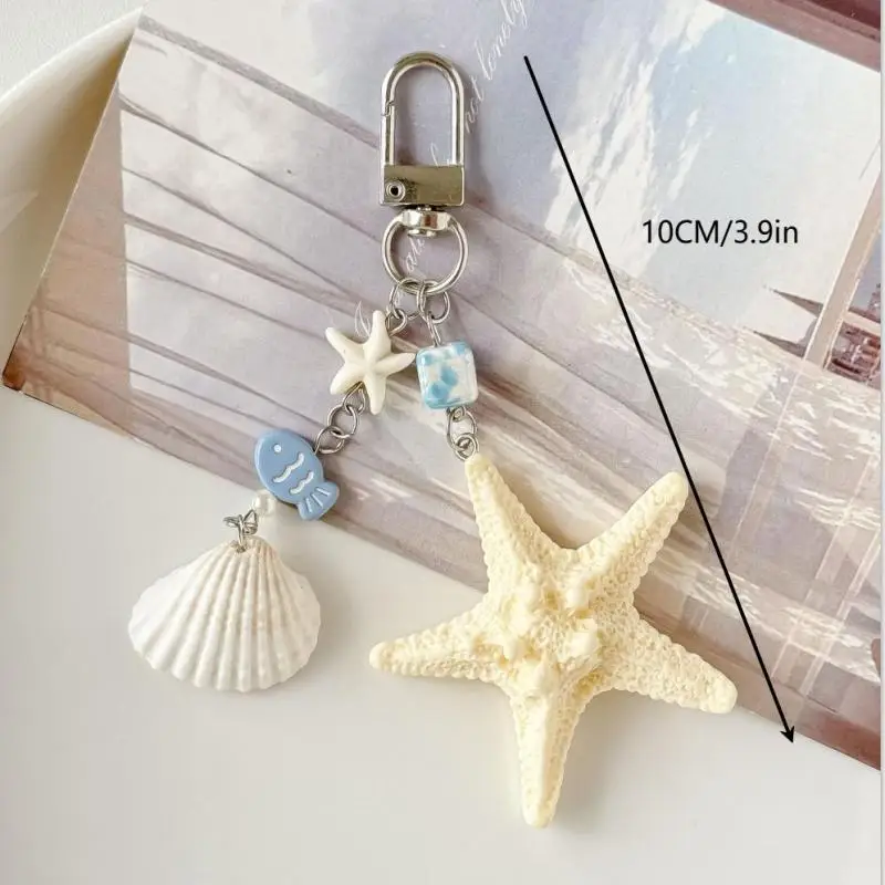 Sea Themed Keychain, Bag Decoration Ocean Style Shells, Starfish Phone Strap Charm, Anti-Lost Keyring Jewelry Lanyard
