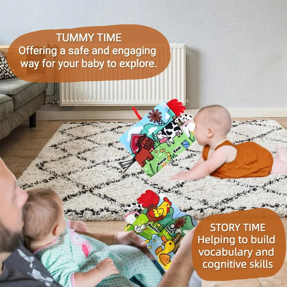 柔らかいおもちゃ ベビー布絵本 クリンクルブック 幼児向け 早期発達 インタラクティブな腹ばい遊び 車のおもちゃ 農場の尾