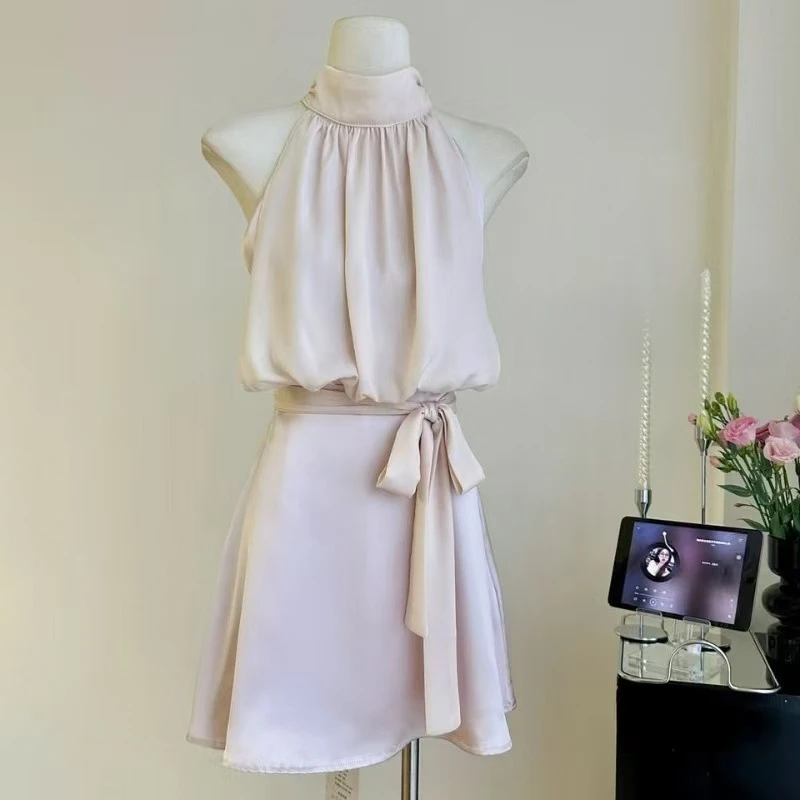 

2025 Summer Women's Elegant Satin Dress Sleeveless High Waist Neck Halter Dresses Zipper A-line Lace-up Slim Y2k Pink Skirt