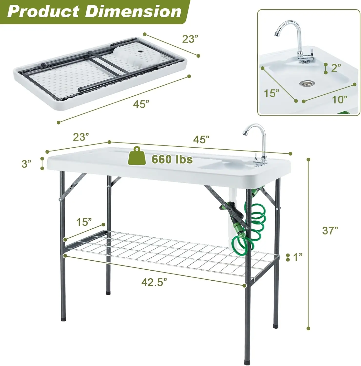 Meja pembersih ikan wastafel Kemah portabel dengan selang drainase keran & penyemprot luar ruangan rak Grid pisau Gro