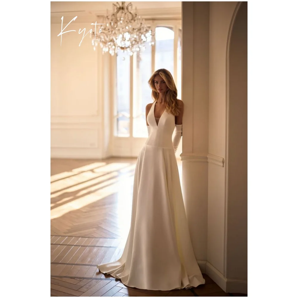 

Kyoto Customized Halter Neck Gorgeous With Gloves Wedding Dress Lace-Up Back Waistفستان زفاف V-Neck Court Train Abito da sposa