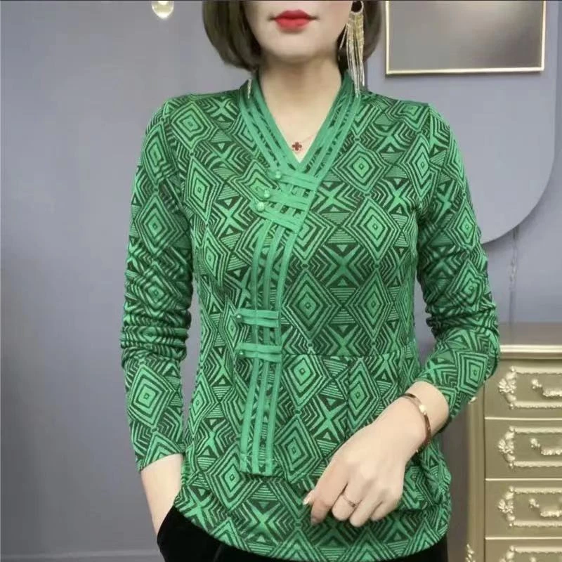 Spring Autumn New V-neck Fashion Long Sleeve Blouse Women High Street Casual Printing Pullovers Elegant Button Patchwork Tops
