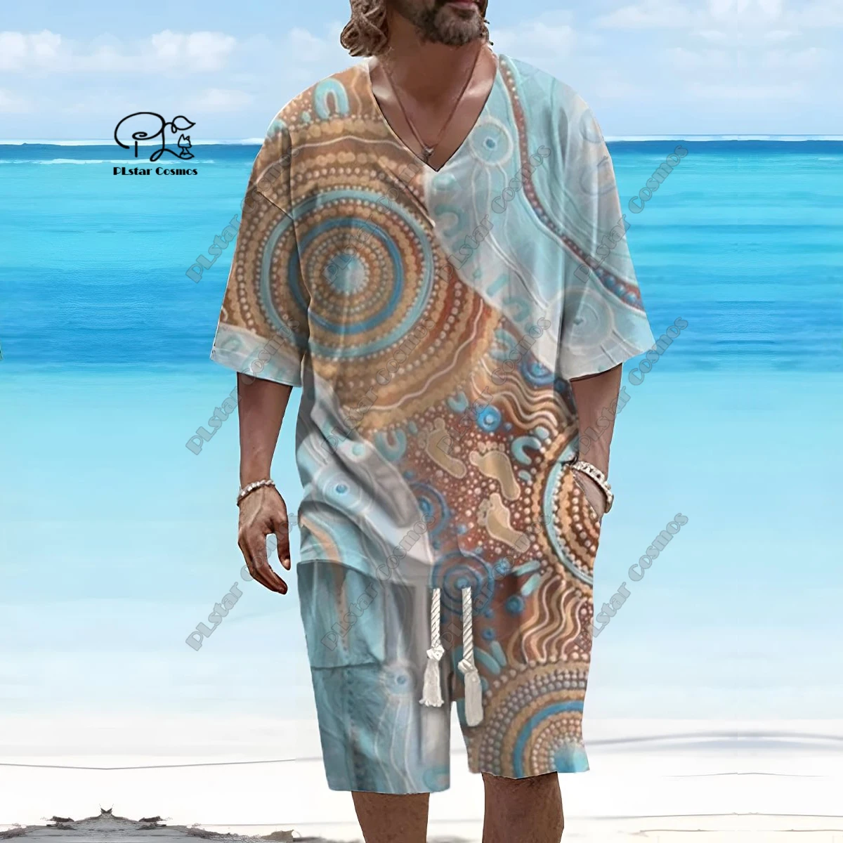 PLstar Cosmos 3D printed new men's V-neck gradient retro pattern short sleeved shorts T-shirt suit casual series T-10