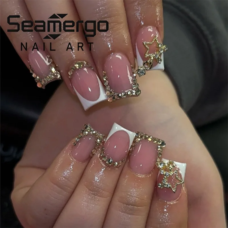 

24PCS White French Fake Nails for Women Simple Short Square False Nails Sweet Cool 3D Star with Rhinestone Press on Nails Patch