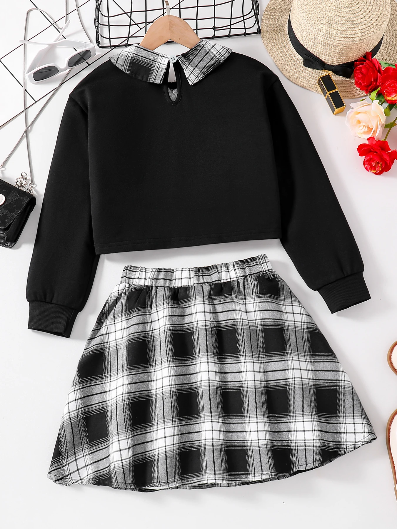 Spring and autumn new girls fashion casual 2-piece set black lapel long-sleeved letter printed shirt + plaid skirt suit