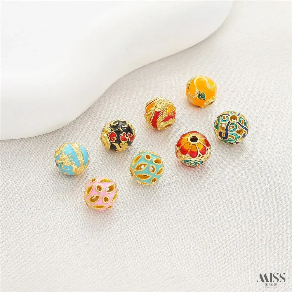 18K Matte Gold Cloisonne Burnt Blue Enamel Dragon Ball Dragon Pattern Bead Spacer Flower Ball DIY Bracelet Beaded Accessories