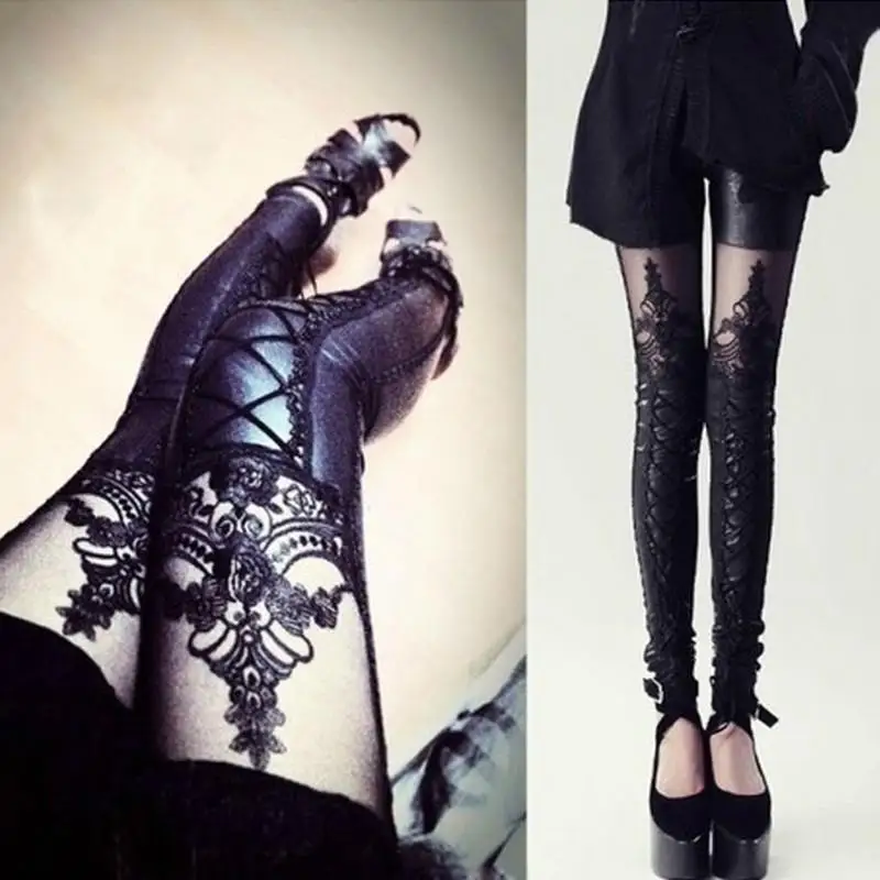 Stylish Sexy Women Faux Leather Gothic Punk Leggings Pants Skinny Lace Pants Imitation Pants Nine-point Leather Belt Trouse G2I8