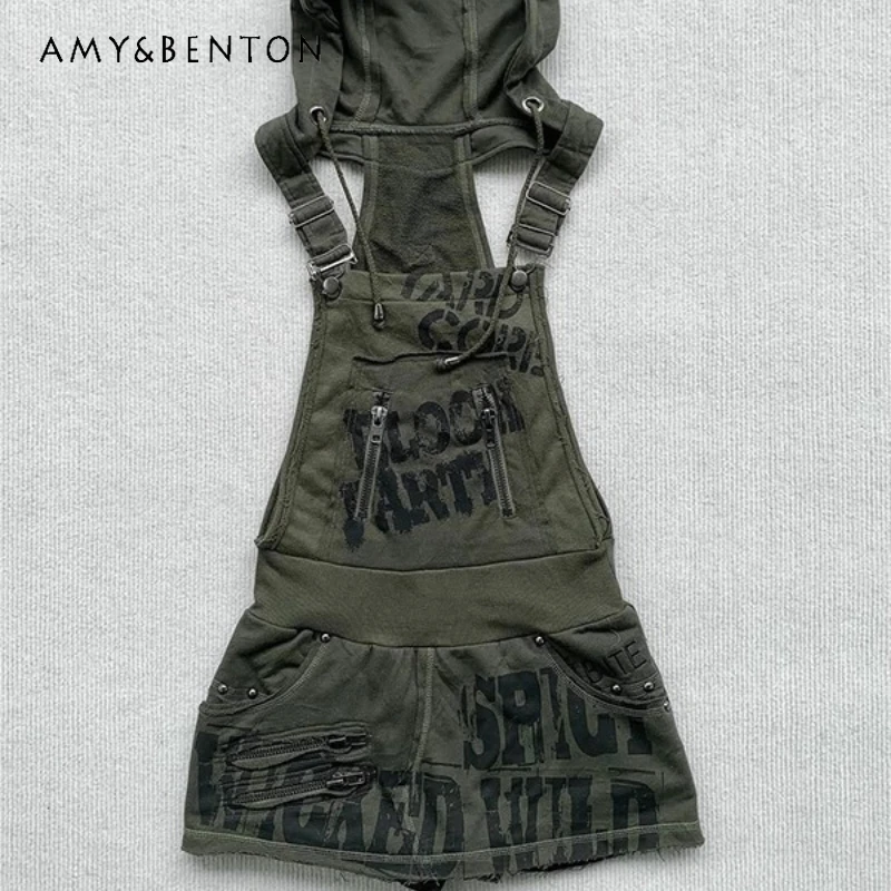 

Original Design American Retro Print Hooded Women's Pinafore Dress Autumn New Sweet Cool Sexy Versatile Sleeveless Dresses Girl