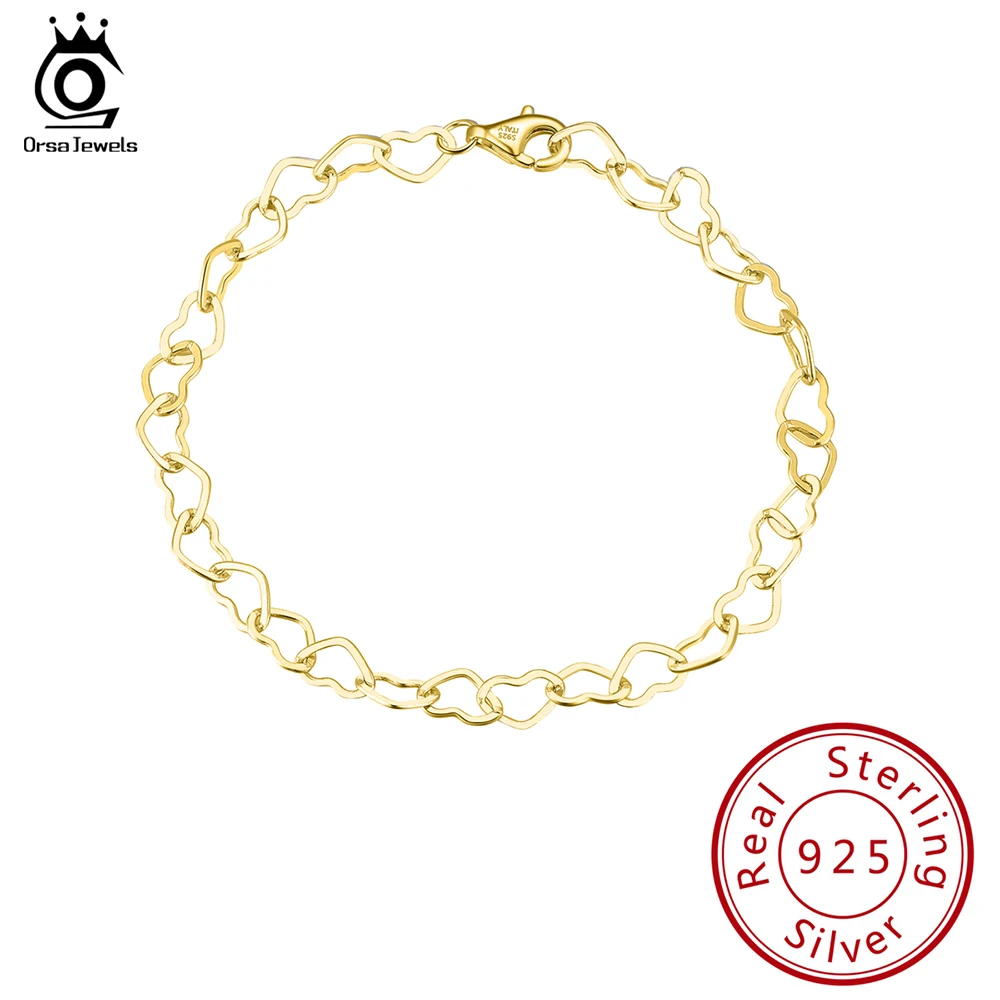 

ORSA JEWELS 14K Gold Plated 925 Sterling Silver Elegant Heart Link Chain Bracelet For Women Girl OL Style Bracelet Jewelry SB99