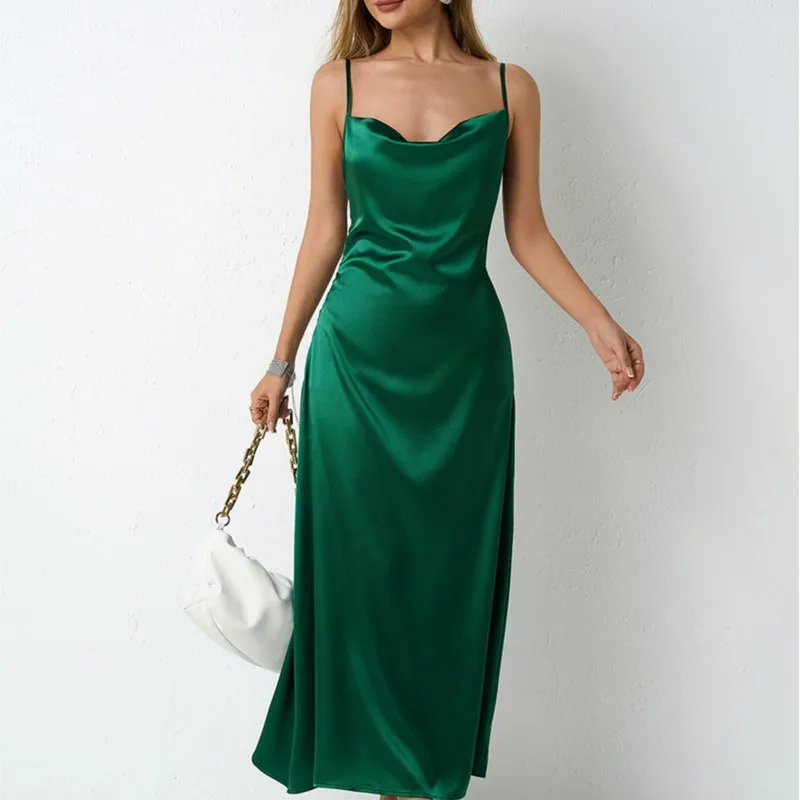 

2025 Summer Sexy Strap Dress Women's Bareback Satin Women's Clothing Simulation Silk Sleeveless Long Skirt vestidos largos