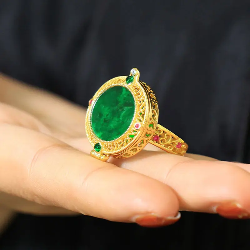 

Classic Style Ancient Gold Craft Colorful Natural Hetian Jade Rings for women Vintage Elegant can open the Gawu box Jewelry