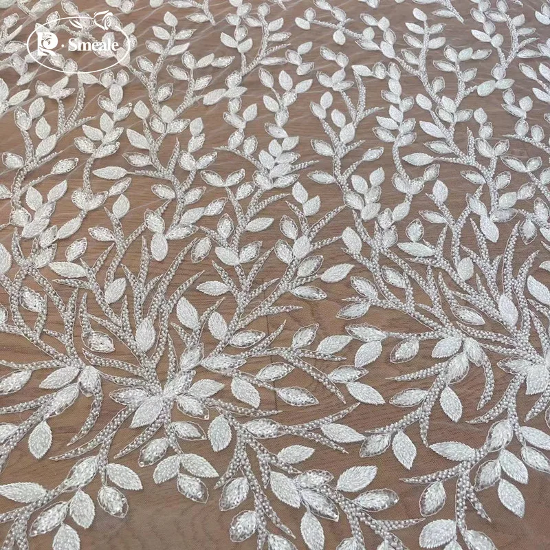 Handmade Beaded Shiny Leaves Bridal Fabric, DIY Off-White, New Style, RS4011