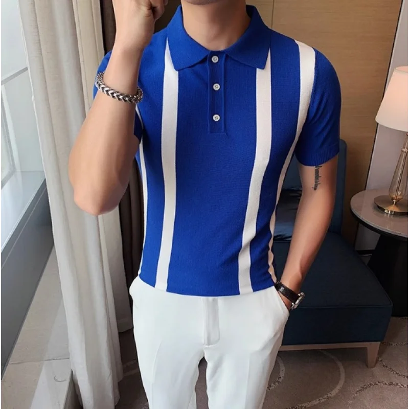 American Retro Silk Striped Light Luxury Shirt Men'S Short Sleeve Turn-Down Collar-Shirt Casual Knitted Top