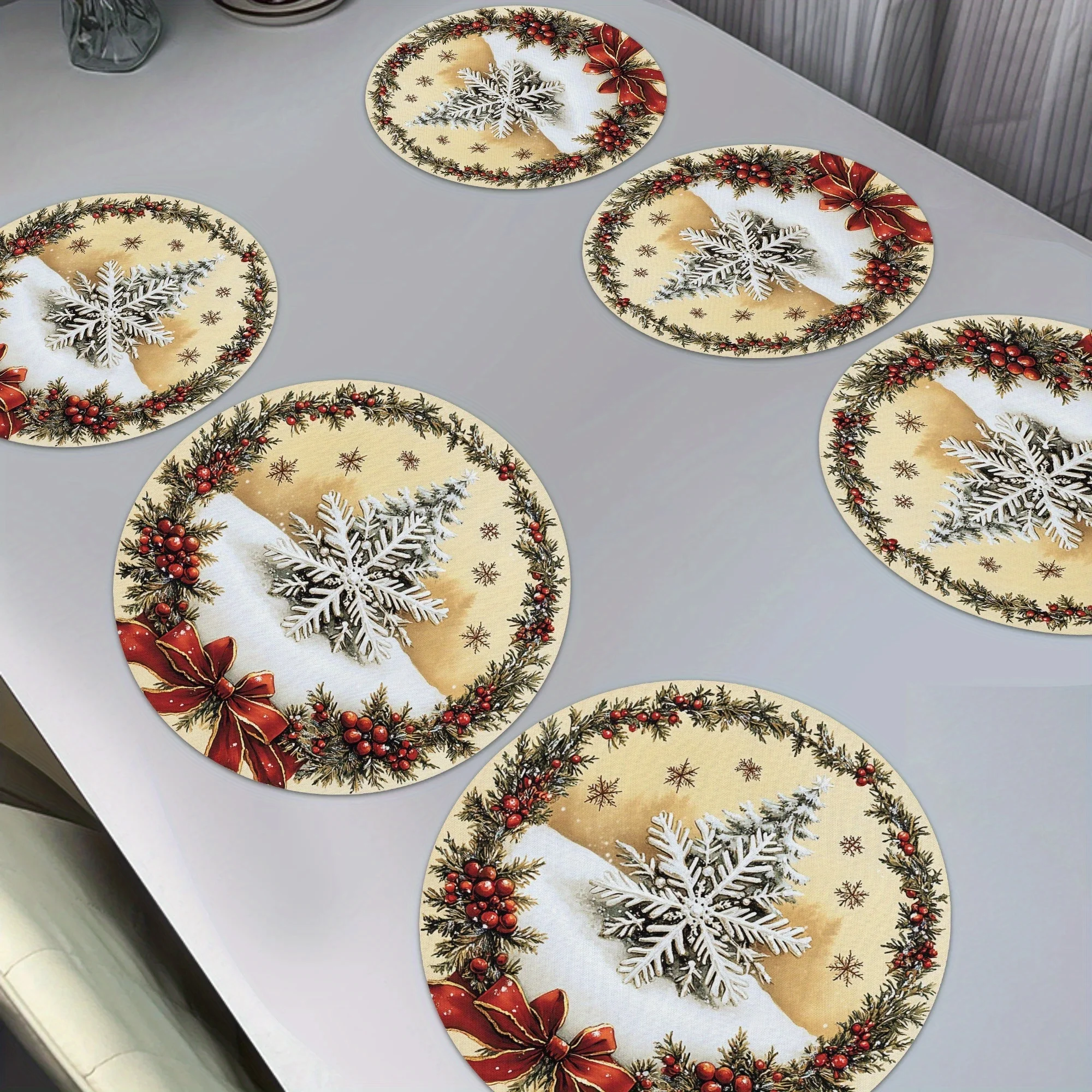 VIKAMA 6PC Christmas Pinecone Berry Mat Cedar Red Berry Bow Snowflake Table Restaurant Christmas Party Decoration