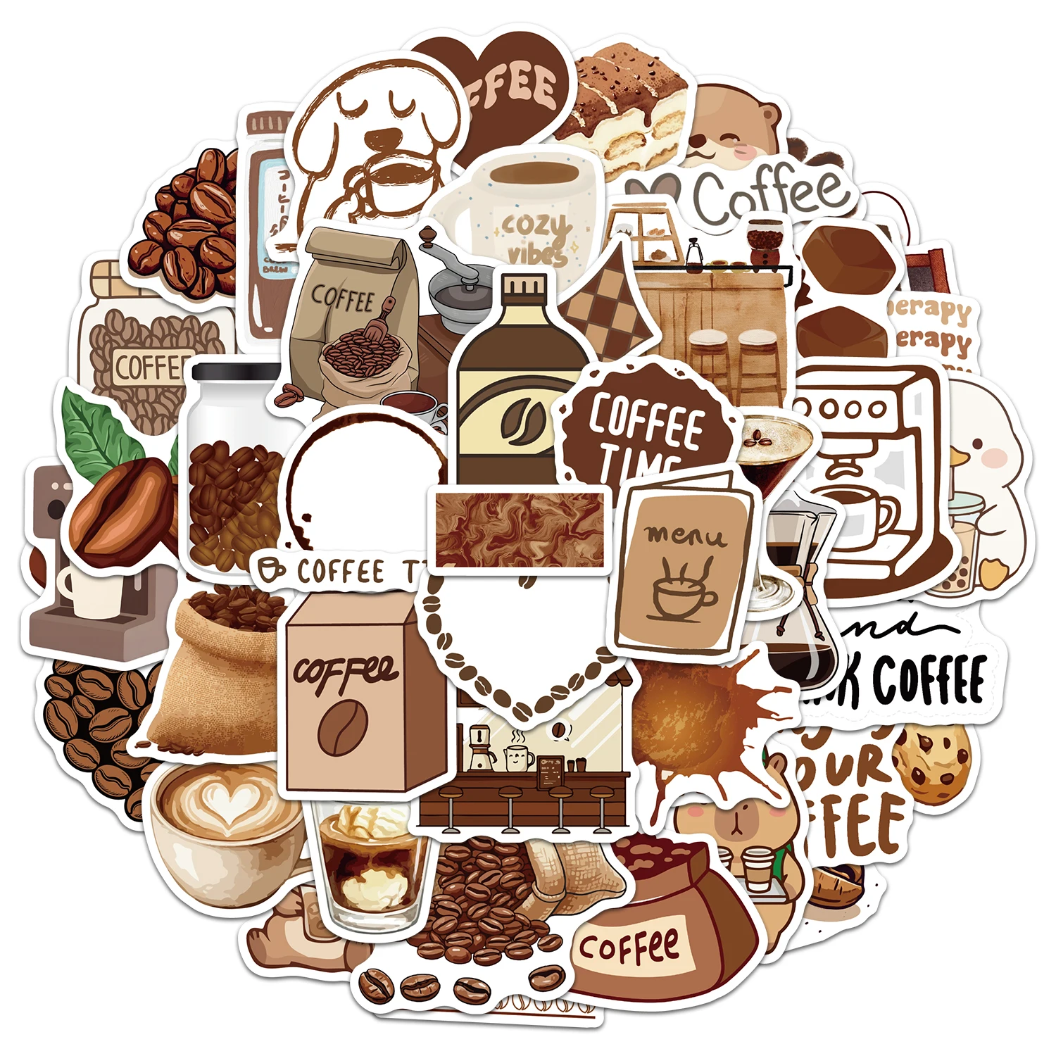 10/30/50PCS Cute Coffee Shop Brown Tone Stickers Kawaii Coffee Bean Latte DIY Decor For Laptop Journal Graffiti Sticker Pack
