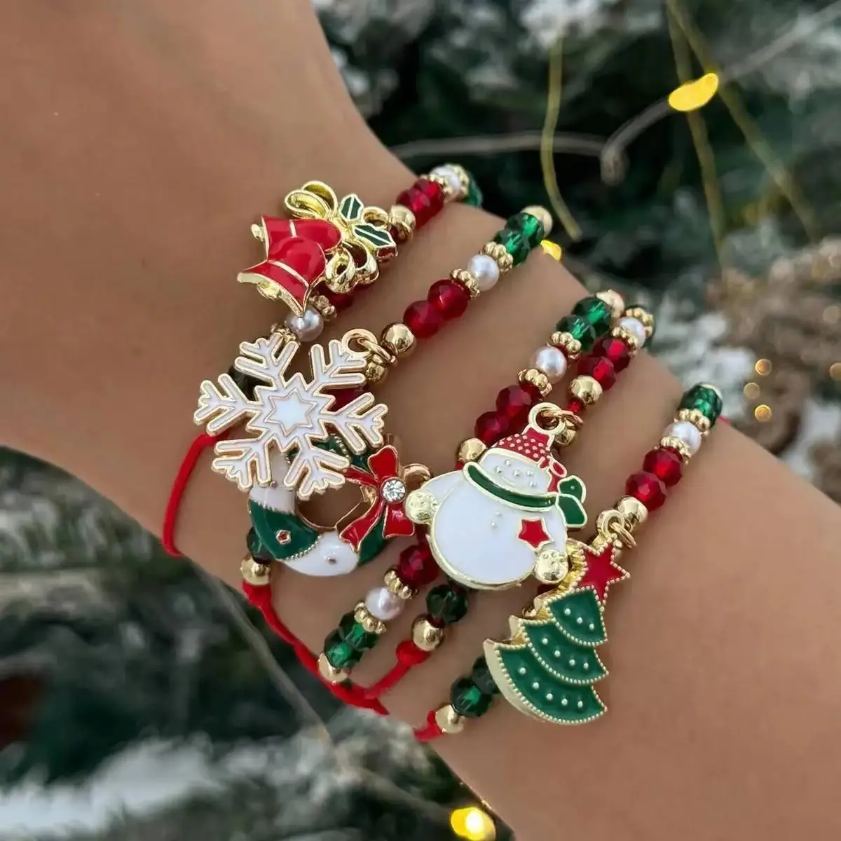 

Lacteo 2026 New Christmas Tree Snowflake Metal Pendant Bracelet for Women Simple Rope Chain Bangle Couple Jewelry Trendy 5Pc Set