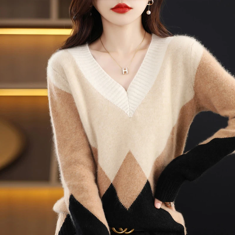 

LONGMING Merino Wool Pullovers Women Sweater Cashmere Knitwears Sweater V-neck Knit Jumper Tops Clothes Korean Fashion Streewear