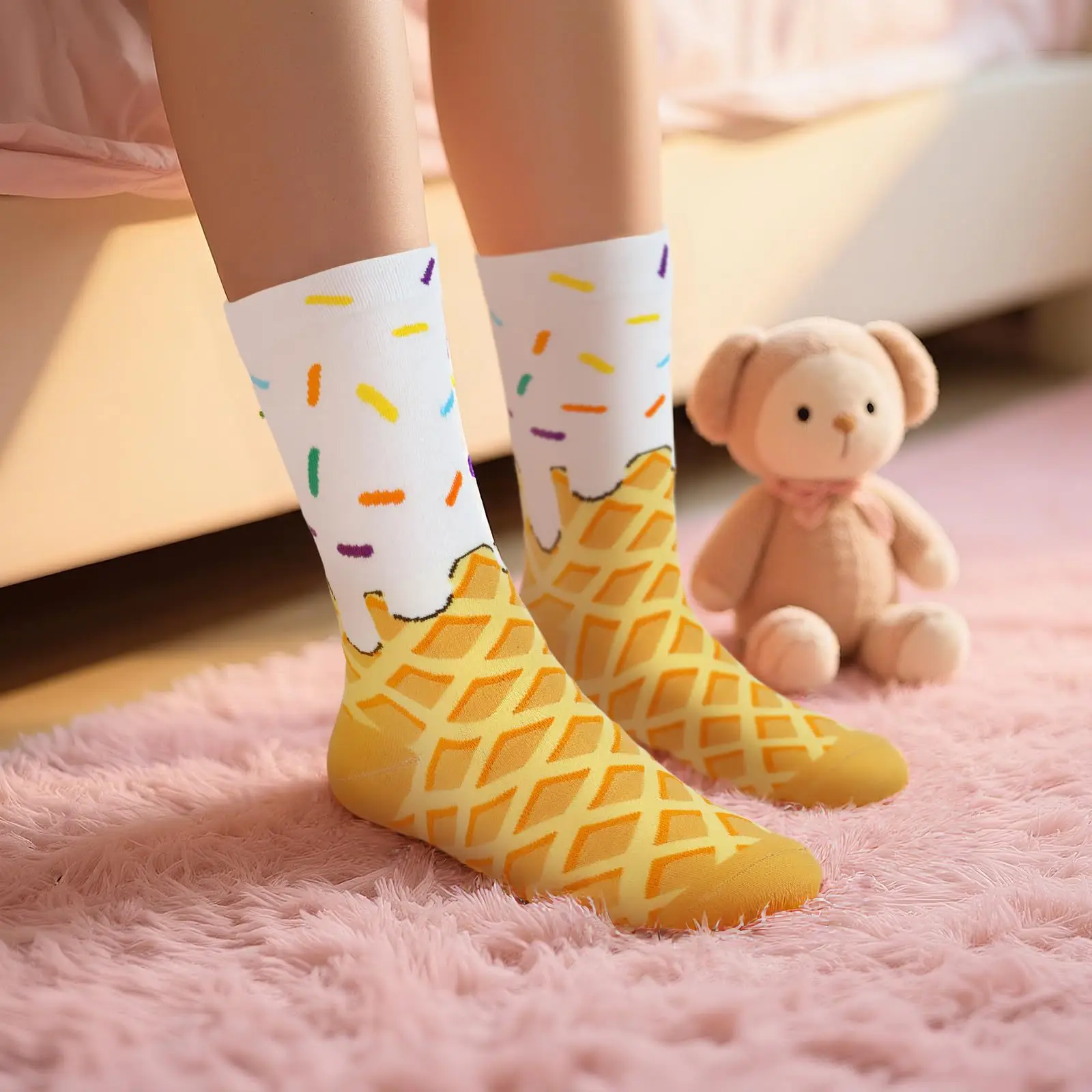 1 Pairs Cartoon Waffle Ice Cream Pattern Socks Funny Creativity For Unisex Casual Or Playful Outfits Cute Middle Tube Socks