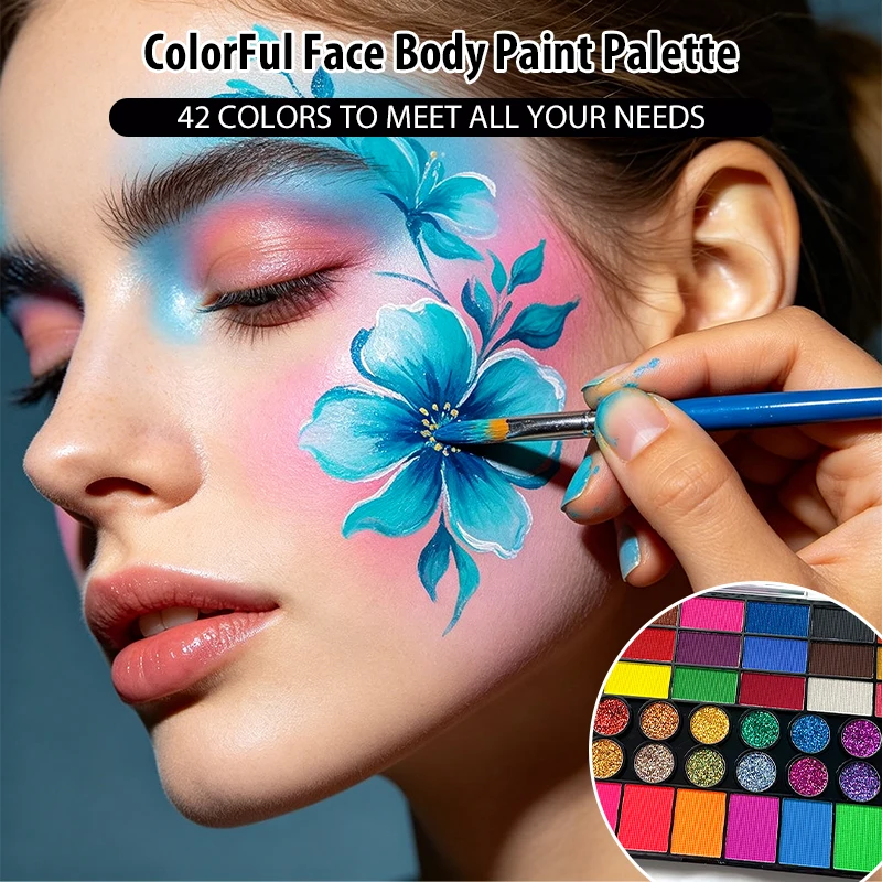 VERONNI 42 Colors Water Based Face Body Paint Palette with 10 Professional Makeup Brushes Washable Water-Soluble Face Paint Kit for Halloween Cosplay Festival Stage Makeup