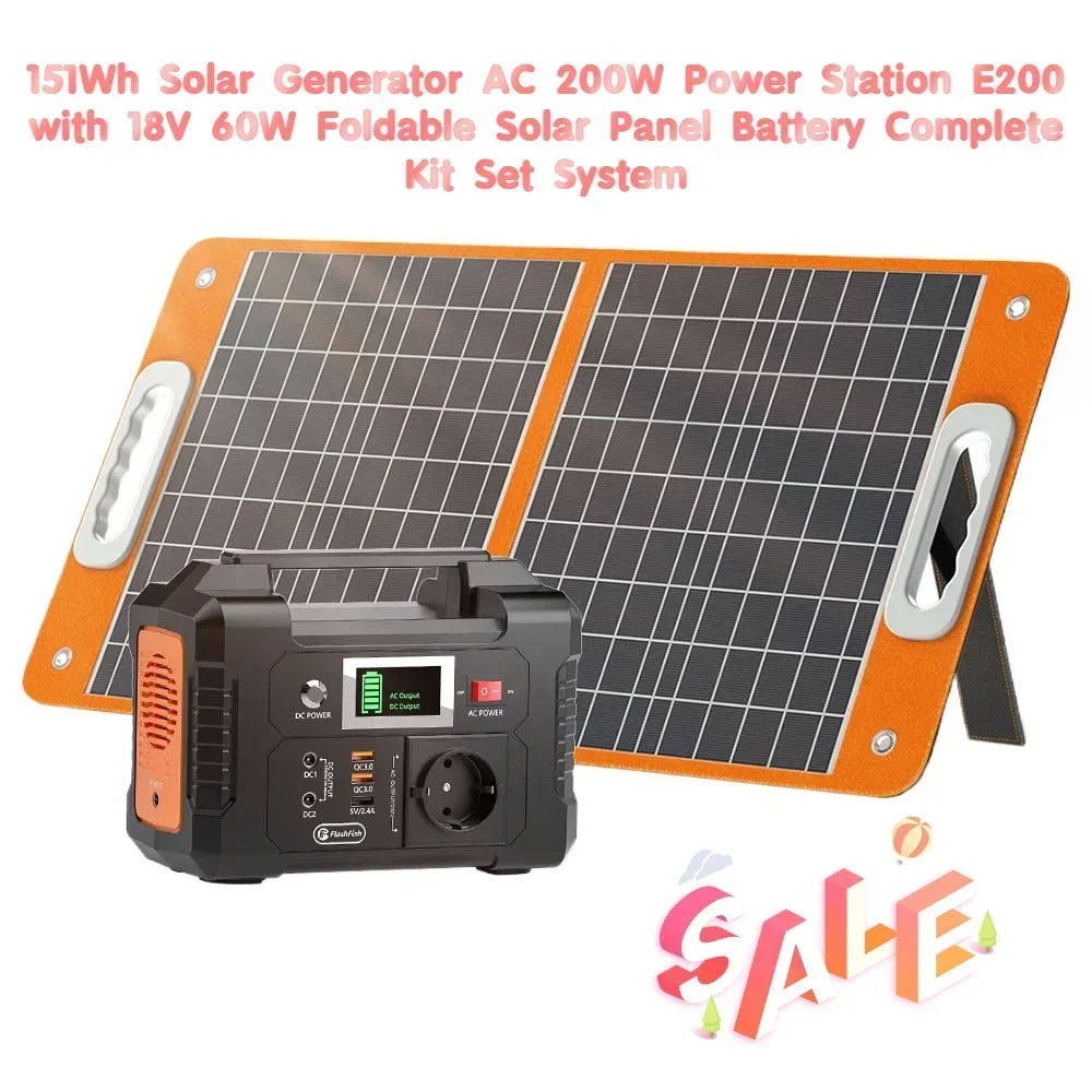 

151Wh Solar Generator AC 200W Power Station E200 with 18V 60W Foldable Solar Panel Battery Complete Kit Set System