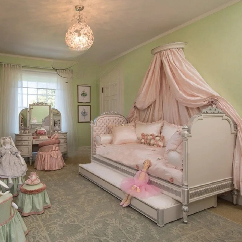 Home Girl bedroom princess bed French solid wood engraved bow children's single bed storage trailer custom double bed