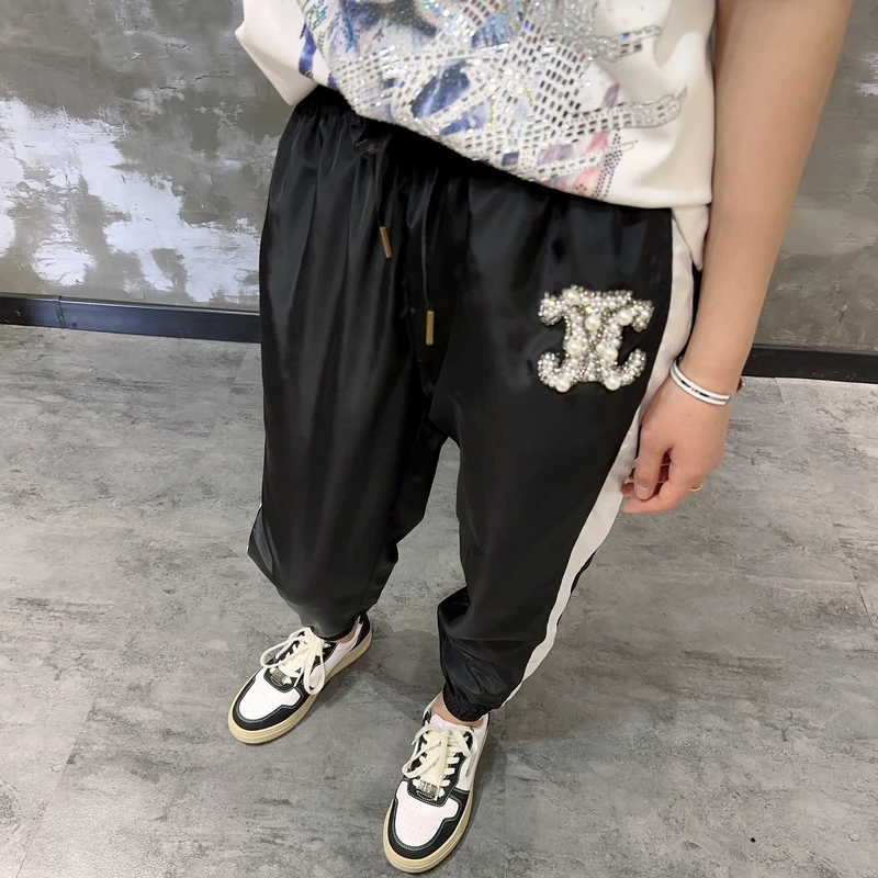 Luxury Trendy Brand Diamonds Beads Casual Super Thin Summer Trousers Men/woman Side Colorblock Elastic Waist Black Harem Pants