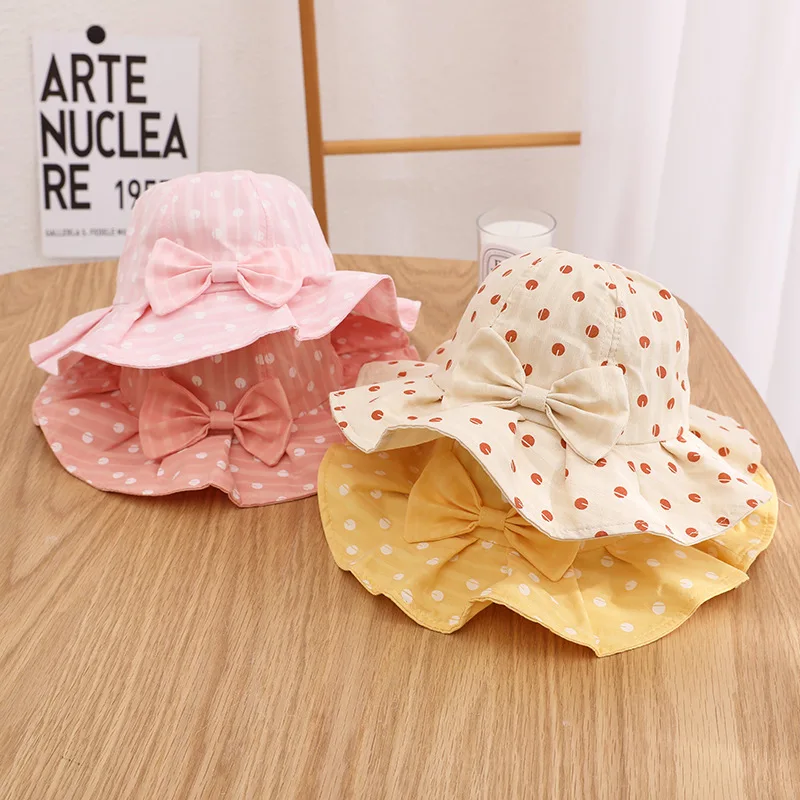 Cute Bow Decor Baby Hat New Ruffle Dot Printed Bucket Hats for Girls Kids Outdoor Visor Cotton Children Fisherman Caps Sun Hat